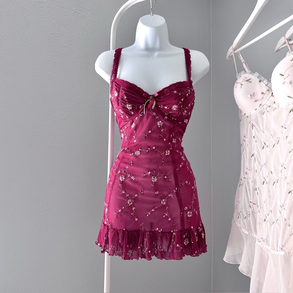 Burgundy Floral Embroidered Slip Night Dress